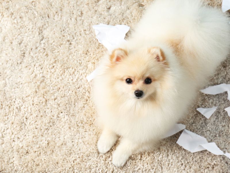 Pomeranian being naughty and ripping up papper