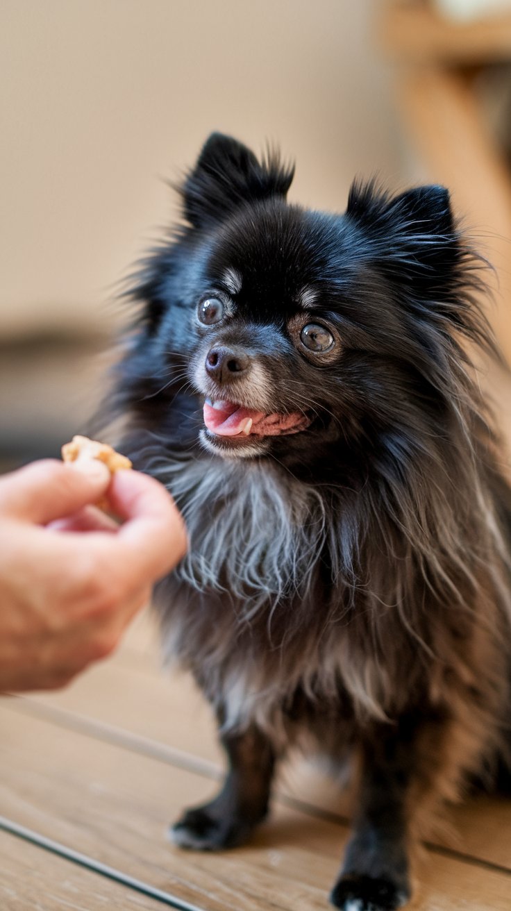 A close-up of a happy Pomeranian eagerly waiting for a treat