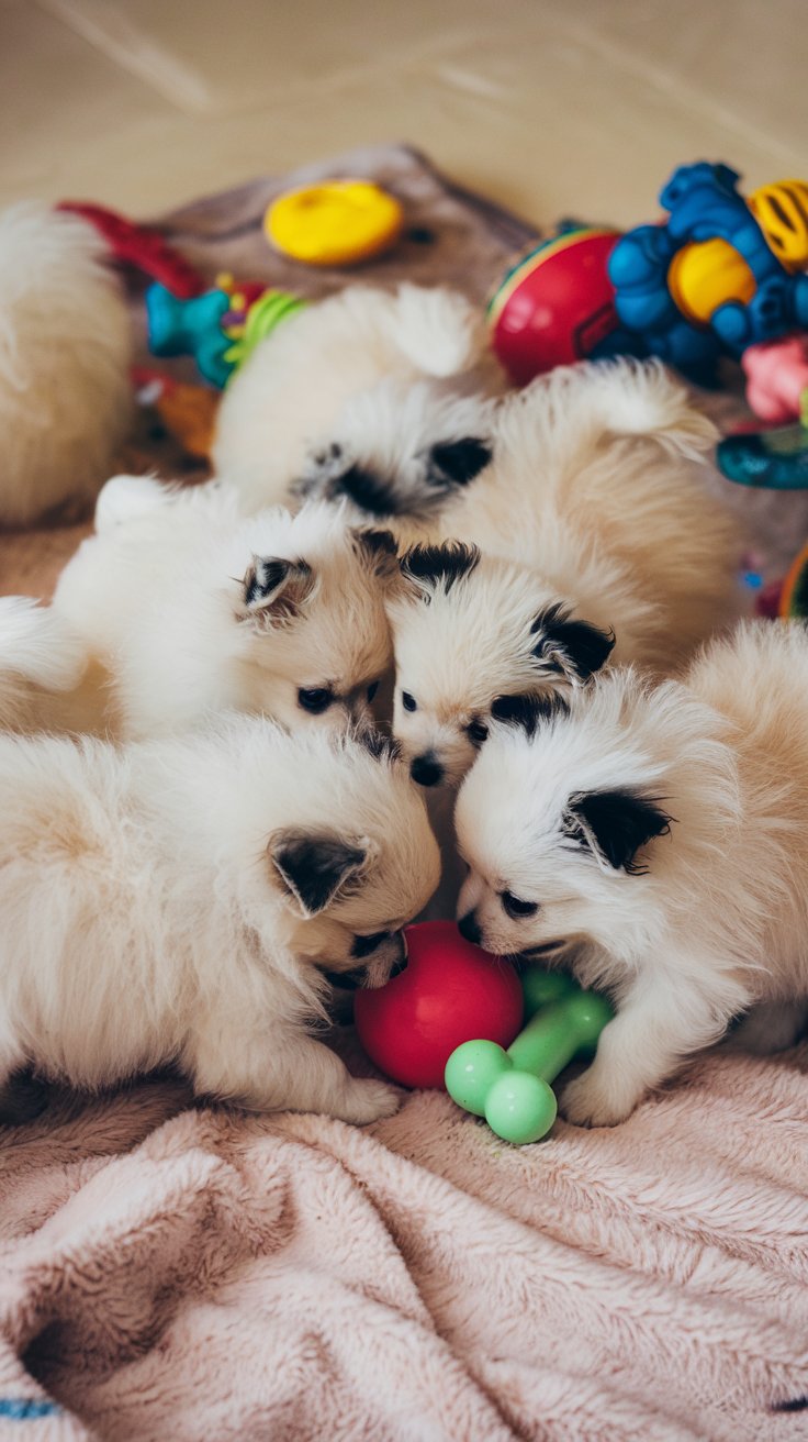 A group of fluffy Pomeranian puppies playing together on a soft blanket, surrounded by colorful toys