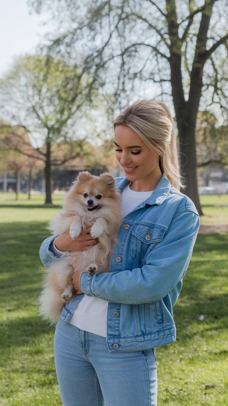 Lady holding a Pomeranian in the park on a sunny day