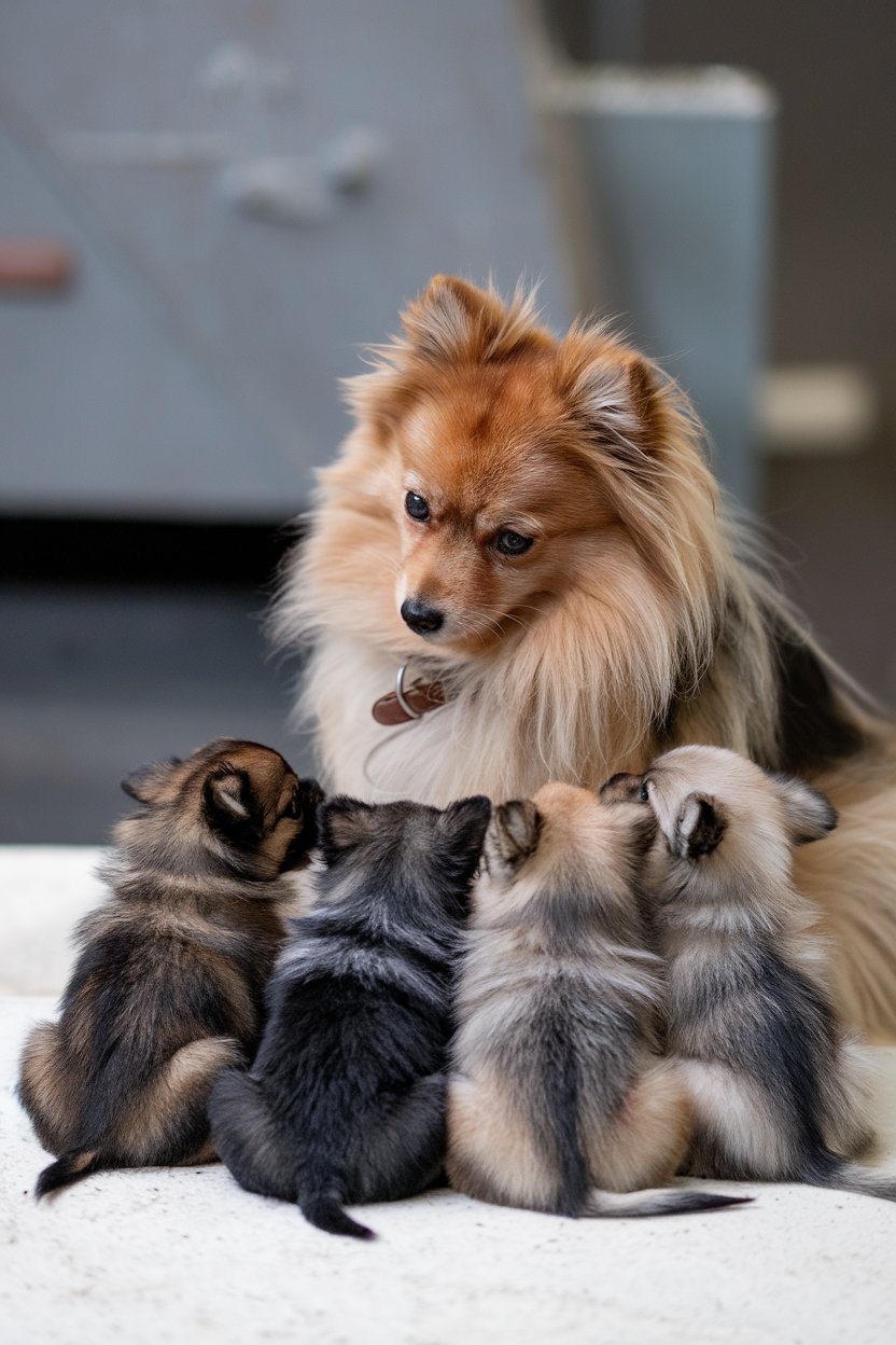 Mother Pomeranian feeding her new puppies