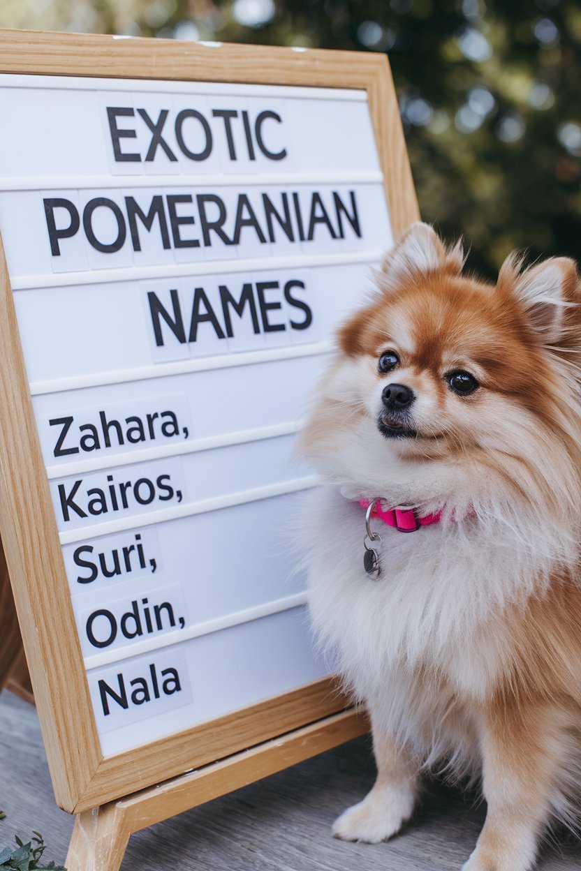 Pomeranian dog sitting next to a board. On the board is written Exotic Pomeranian Names