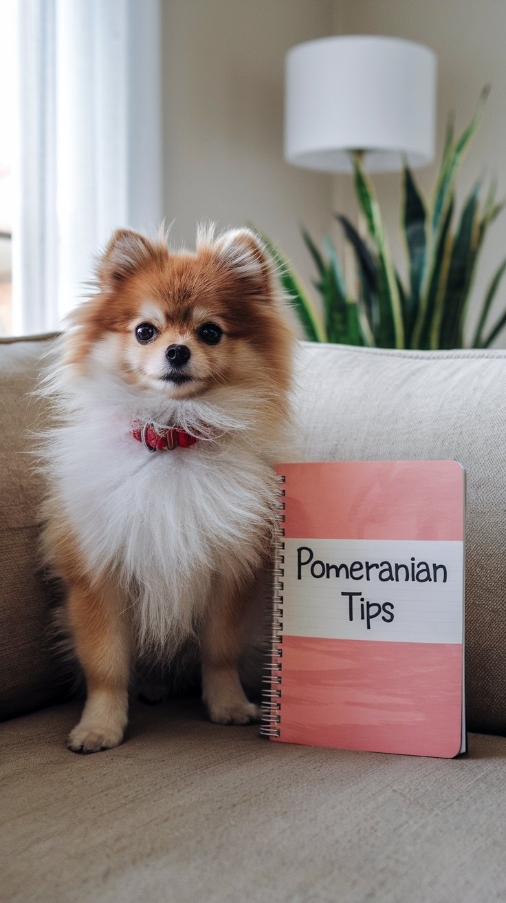 Pomeranian dog sitting next to a notebook called Pomeranian Tips