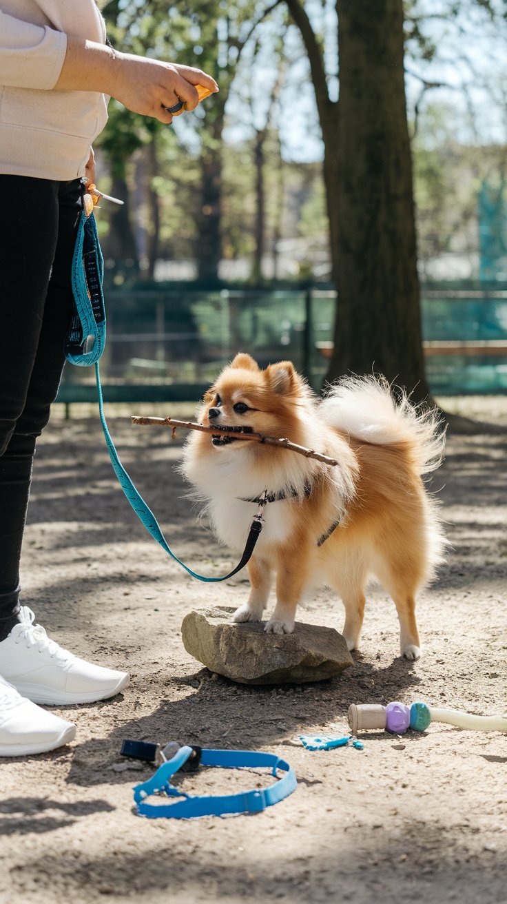 Pomeranian in an outdoor park, performing a trick with a trainer holding a treat