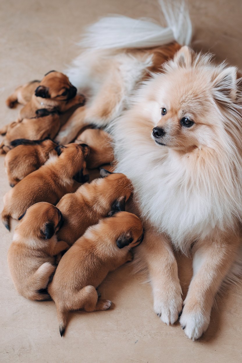 Pomeranian mother with her puppies on the floor