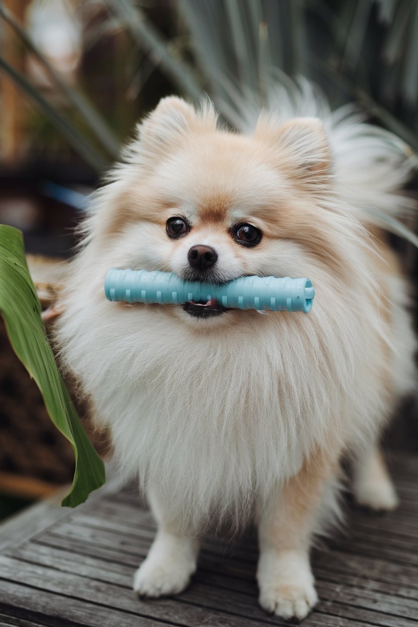 Pomeranian with a dental chew stick in its mouth