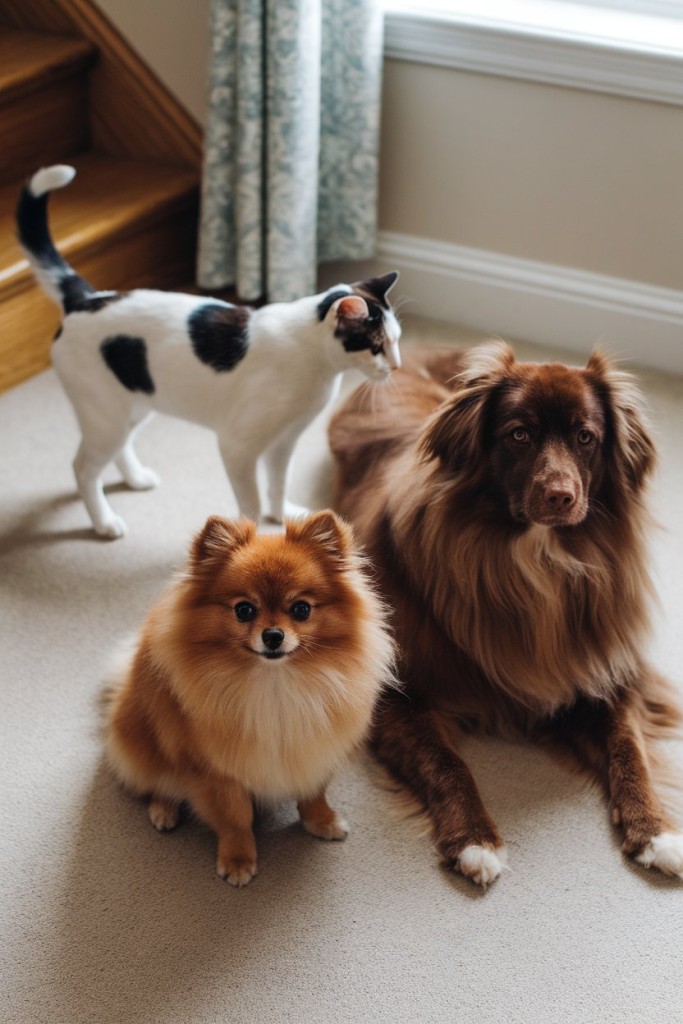 Pomeranian with another dog and a cat in a house