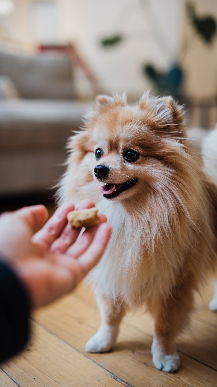 Safe treats being given to a Pomeranian