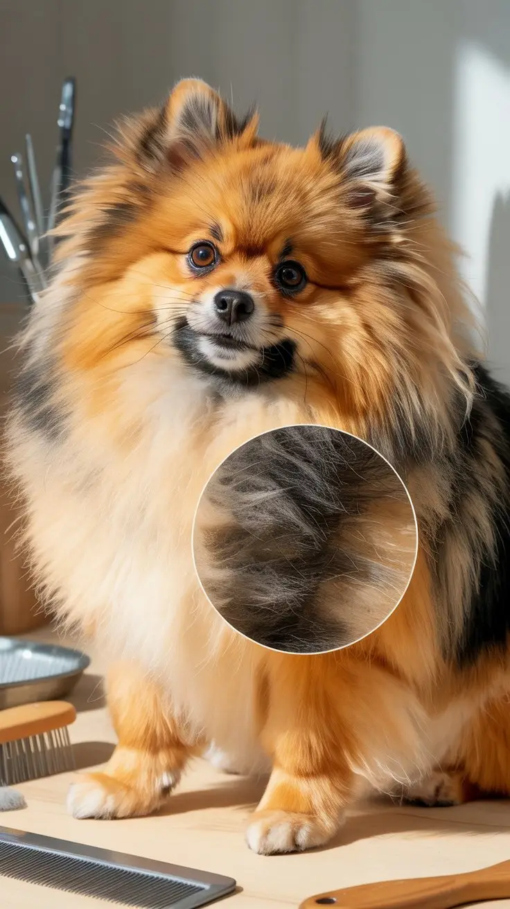 A detailed educational illustration showing a fluffy Pomeranian dog with its distinctive double coat prominently featured. The Pomeranian sits gracefully, with one side of its body showing the natural coat and the other side displaying a cross-section view that reveals the dense undercoat beneath the longer guard hairs. The illustration uses warm, natural colors with the dog's coat rendered in rich golden-orange tones, clearly demonstrating the texture differences between the soft, woolly undercoat and the coarser outer layer. The background features subtle grooming tools like brushes and combs arranged aesthetically, with soft studio lighting that highlights the coat's natural shine and volume.