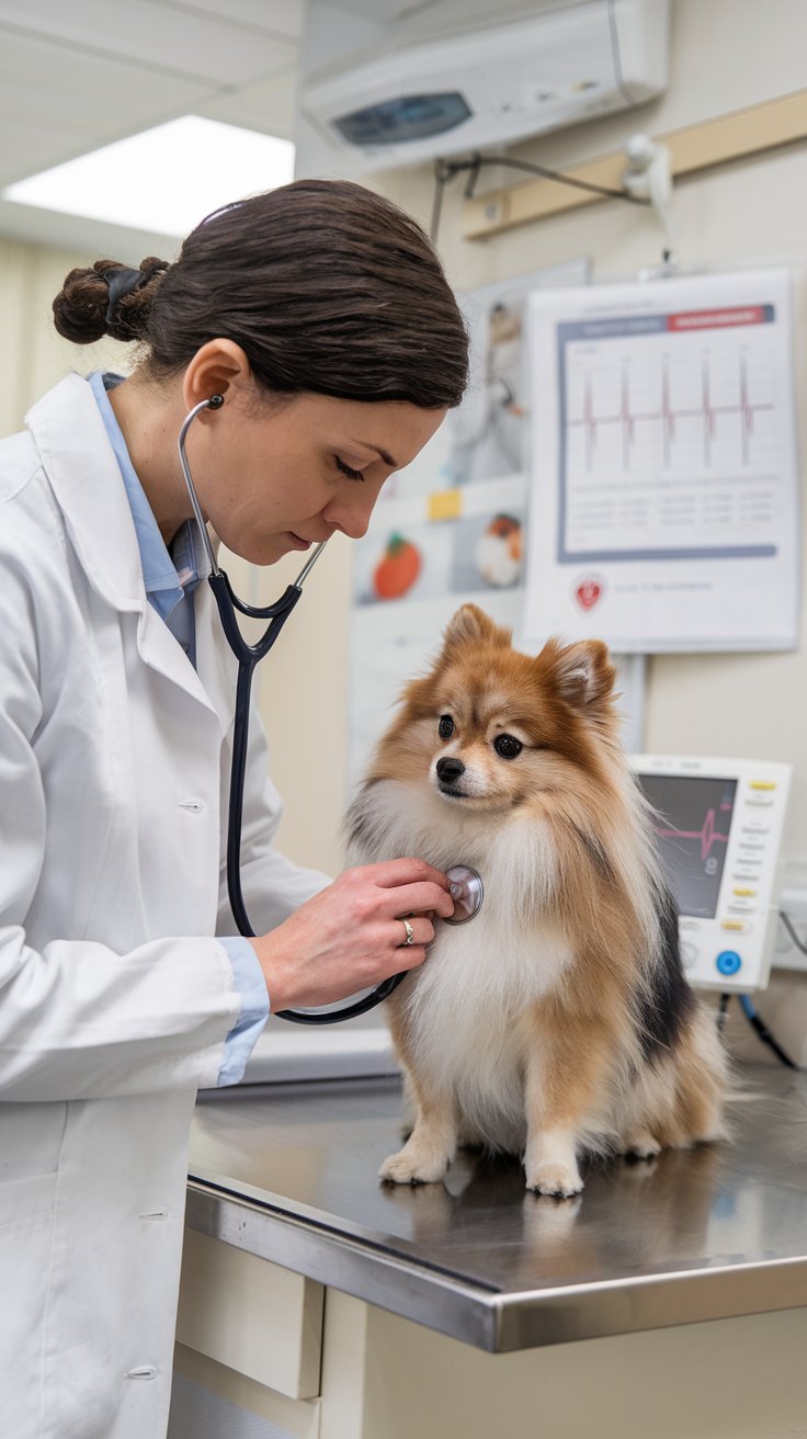 Veterinarian in a white coat is examining a Pomeranian on a bench