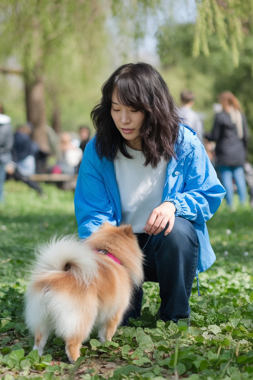 Wendy and her Pomeranian Sash in the park