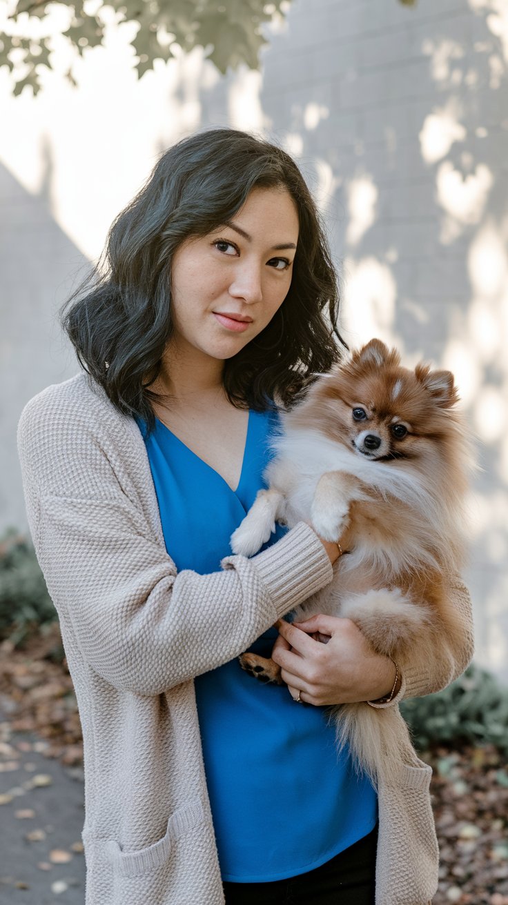 Wendy holding her cute Pomeranian on a sunny day