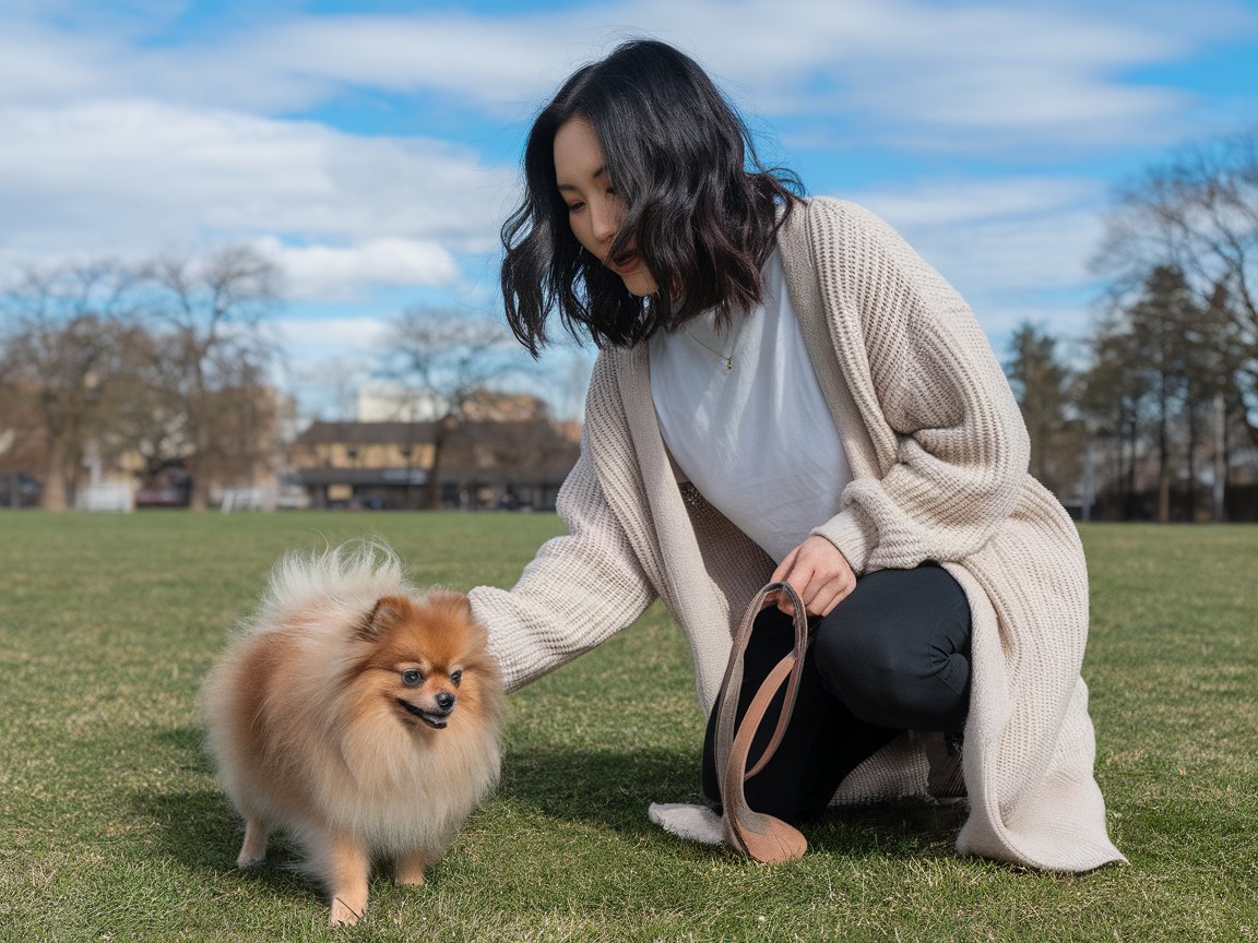 Wendy training her Pomeranian Sash in the park