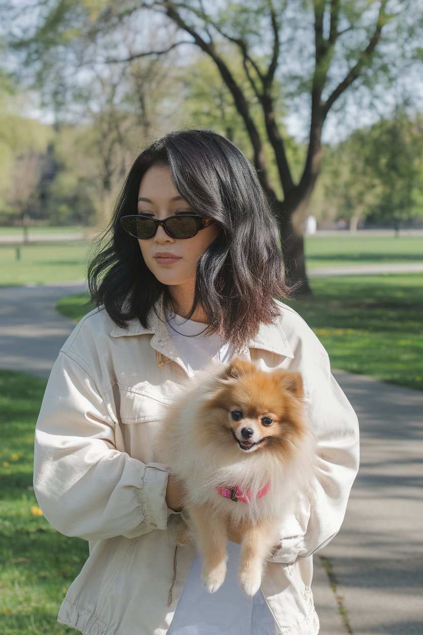 Wendy with Sash her Pomeranian in the park