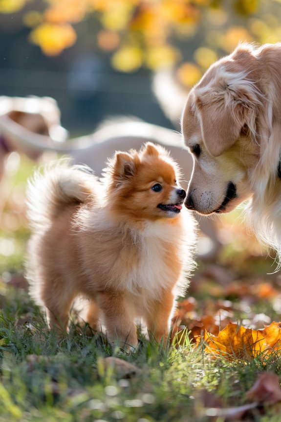 Pomeranian puppy with a golden retriever dog