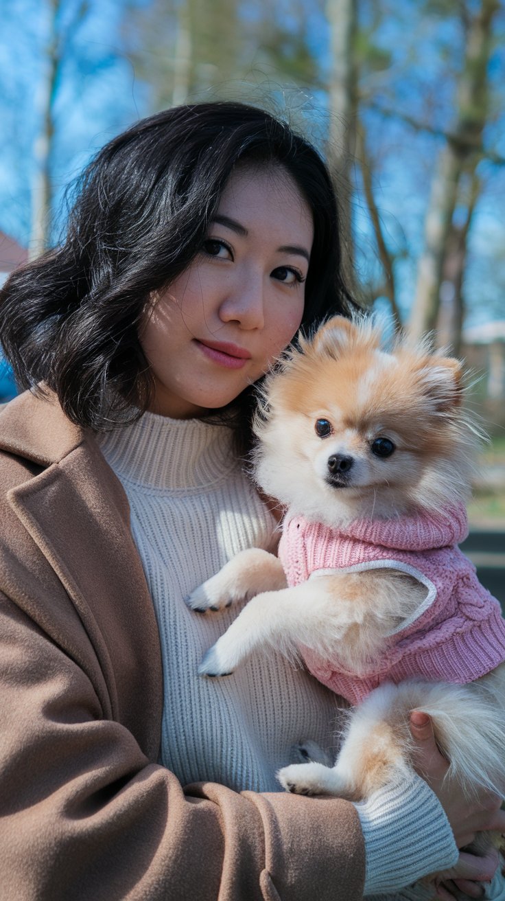 lady with dark wavey shoulder length hair holding her cute baby pomeranian