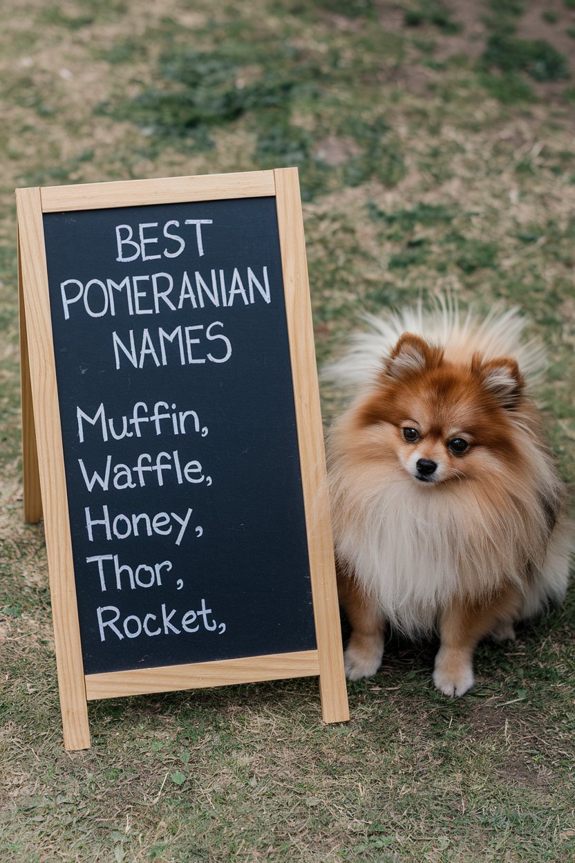 Pomeranian dog sitting next to a board. On the board is written Best Pomeranian Names