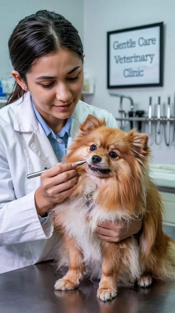 Vet checking the teeth on a Pomeranian dog