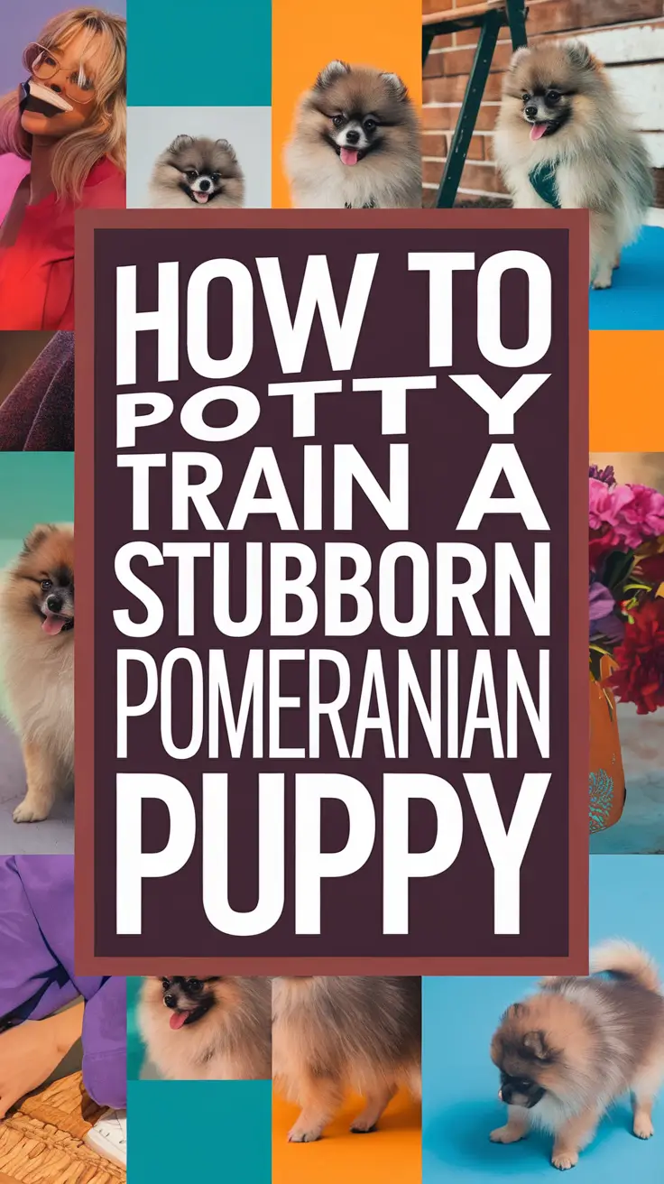 How to Potty Train a Stubborn Pomeranian Puppy bold white text displayed prominently in a large dark-colored box, designed to grab attention, surrounded by a vibrant collage of realistic images.