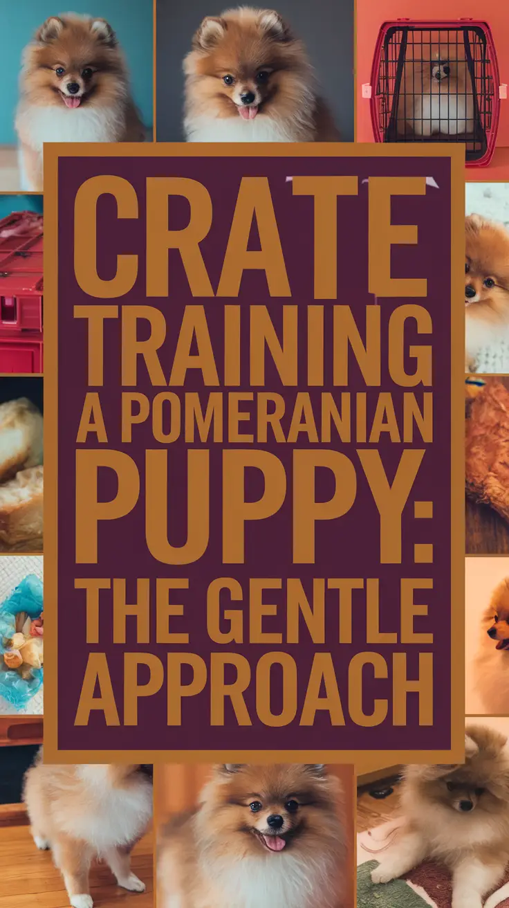 Crate Training a Pomeranian Puppy: The Gentle Approach — A bold, eye-catching title in thick white lettering on a dark box overlays a realistic collage of vibrant, high-resolution images showcasing a Pomeranian puppy in various crate training scenes.