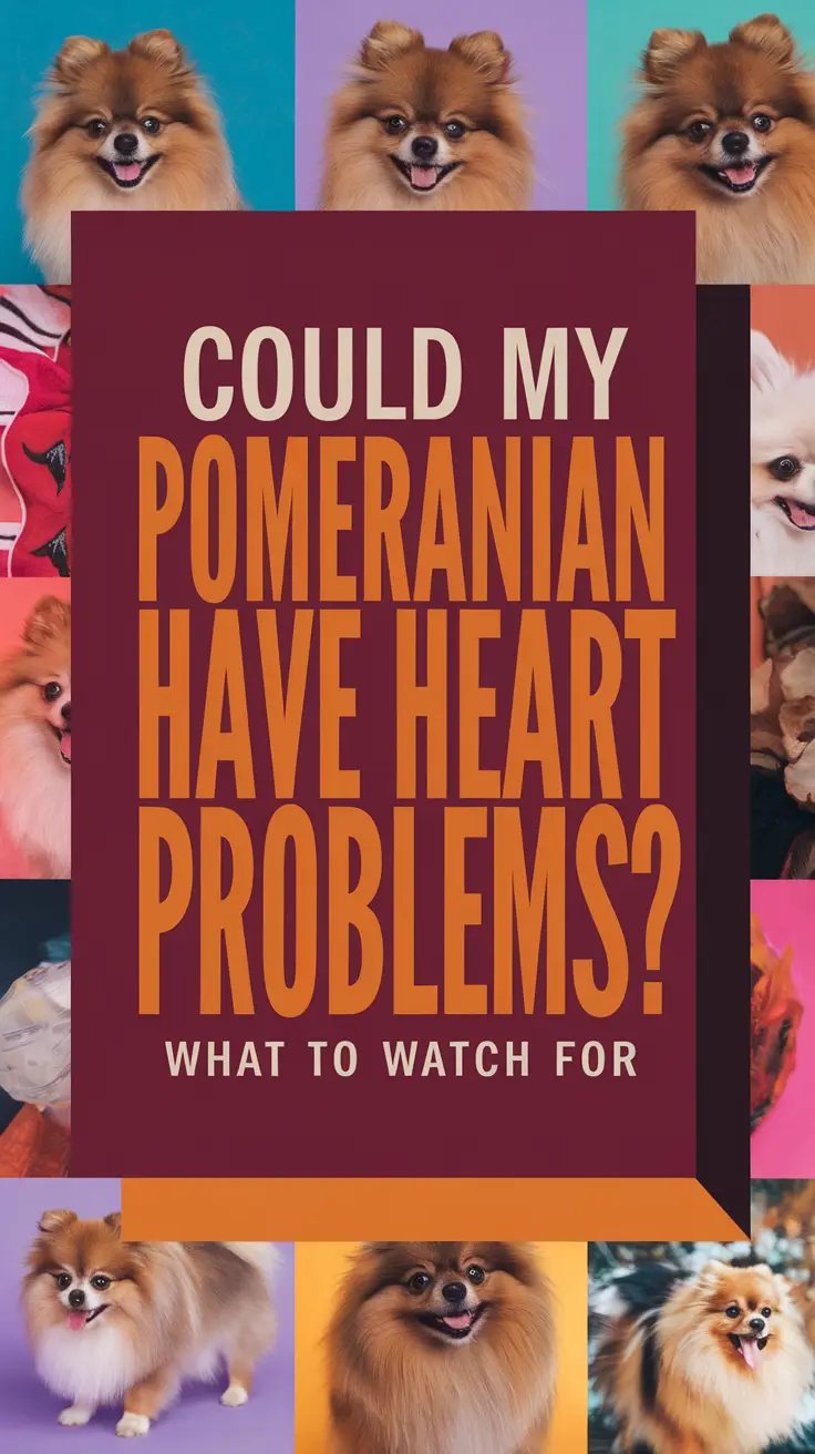 Big text overlay saying: Could My Pomeranian Have Heart Problems? What to Watch For. It's designed to immediately grab attention with its thick, distinctive lettering set prominently in a big dark colored box, utilizing a simple yet striking bold white color for the text. Surrounding this eye-catching typography, a collage of vibrant images.