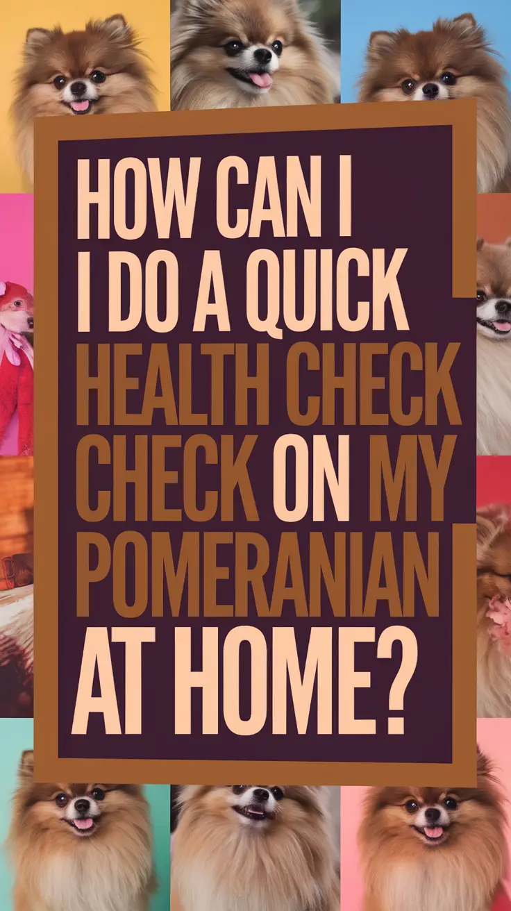 Big text overlay saying: How Can I Do a Quick Health Check on My Pomeranian at Home? It's designed to immediately grab attention with its thick, distinctive lettering set prominently in a big dark colored box, utilizing a simple yet striking bold white color for the text. Surrounding this eye-catching typography, a collage of vibrant images.