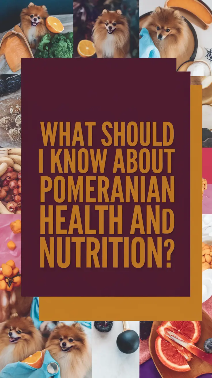 Big text overlay saying: What Should I Know About Pomeranian Health and Nutrition?. It's designed to immediately grab attention with its thick, distinctive lettering set prominently in a big dark colored box, utilizing a simple yet striking bold white color for the text. Surrounding this eye-catching typography, a collage of vibrant images.