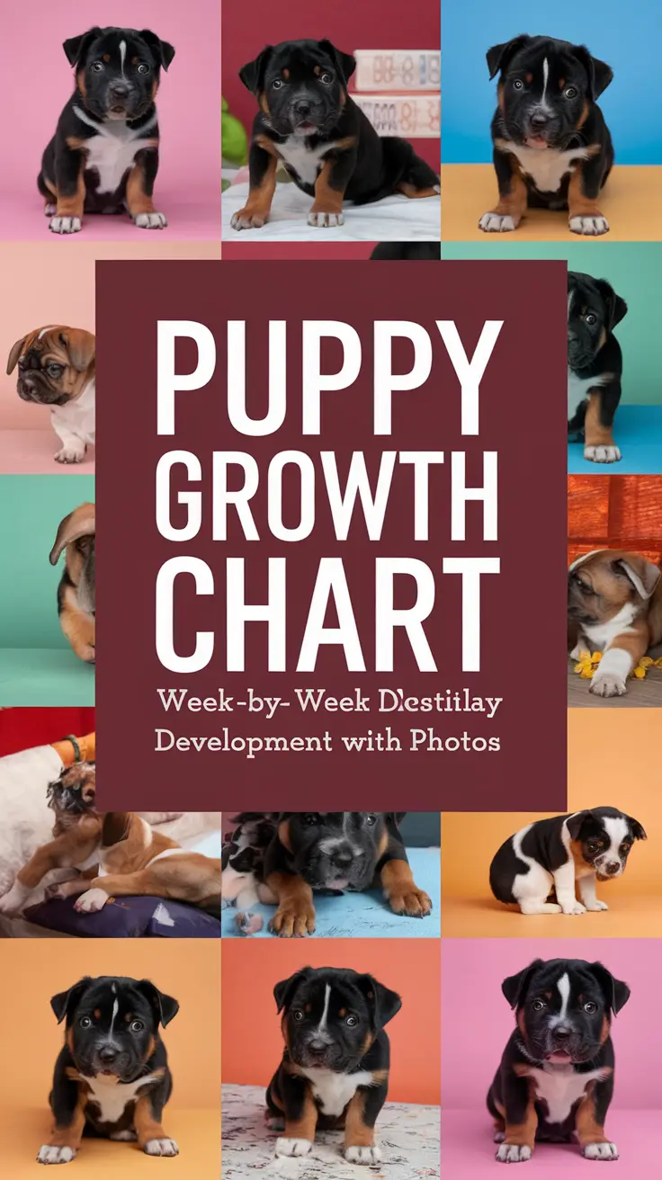 Big text overlay saying: Puppy Growth Chart: Week-by-Week Development With Photos. It's designed to immediately grab attention with its thick, distinctive lettering set prominently in a big dark colored box, utilizing a simple yet striking bold white color for the text. Surrounding this eye-catching typography, a collage of vibrant images.