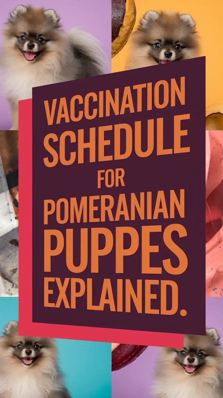 Big text overlay saying: Vaccination Schedule for Pomeranian Puppies Explained. It's designed to immediately grab attention with its thick, distinctive lettering set prominently in a big dark colored box, utilizing a simple yet striking bold white color for the text. Surrounding this eye-catching typography, a collage of vibrant images.