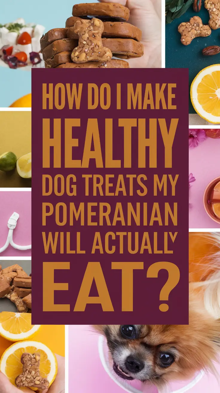 How Do I Make Healthy Dog Treats My Pomeranian Will Actually Eat? — bold white typography in a large dark box, surrounded by a vibrant collage of realistic images, designed to grab attention with thick, distinctive lettering.