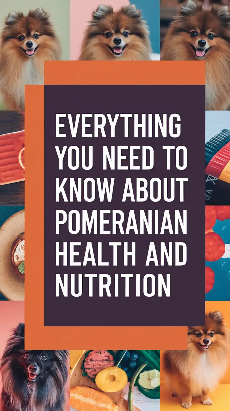 Everything You Need to Know About Pomeranian Health and Nutrition — bold white text displayed in thick, eye-catching lettering against a large dark box, surrounded by a vibrant collage of realistic images illustrating healthy Pomeranians and nutritious food elements.