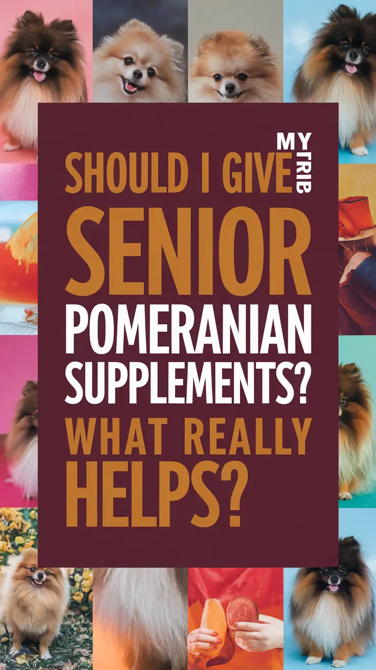 Big text overlay saying: Should I Give My Senior Pomeranian Supplements? What Really Helps? It's designed to immediately grab attention with its thick, distinctive lettering set prominently in a big dark colored box, utilizing a simple yet striking bold white color for the text. Surrounding this eye-catching typography, a collage of vibrant images.
