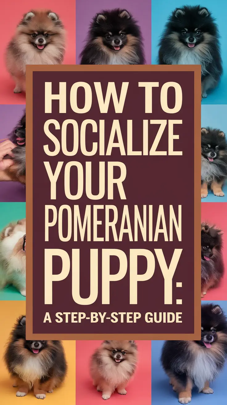 How to Socialize Your Pomeranian Puppy: A Step-by-Step Guide displayed in bold white lettering within a large dark box, surrounded by a vibrant collage of realistic images capturing adorable Pomeranian puppies engaging in playful and social activities.