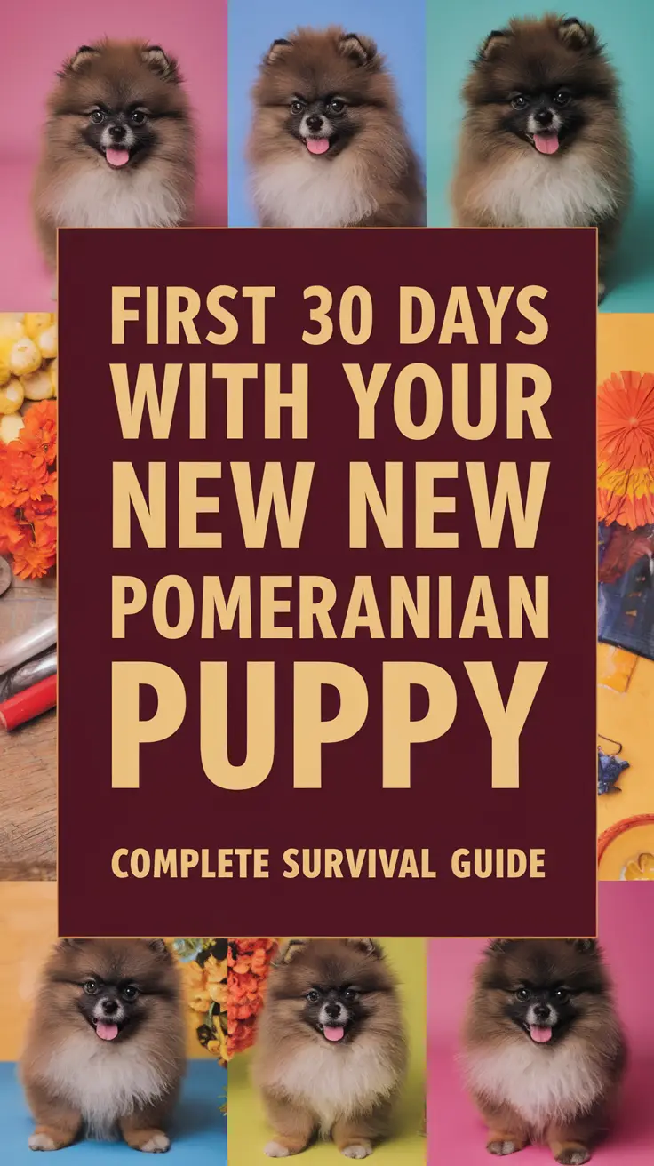 First 30 Days With Your New Pomeranian Puppy: Complete Survival Guide — bold white text in thick, eye-catching lettering displayed on a dark box overlay, surrounded by a vibrant collage of realistic images designed to grab attention.