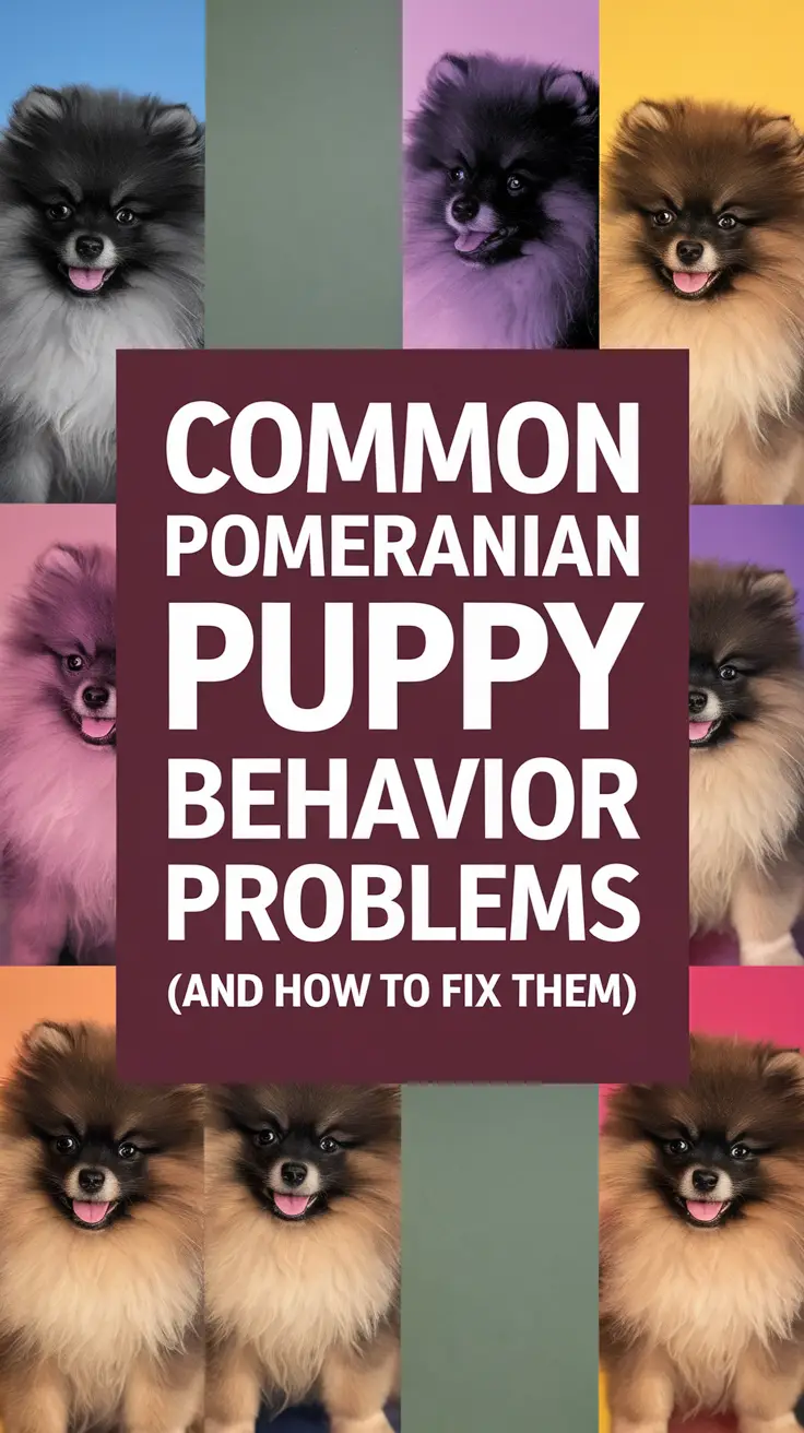 Big text overlay saying: Common Pomeranian Puppy Behavior Problems (and How to Fix Them). It's designed to immediately grab attention with its thick, distinctive lettering set prominently in a big dark colored box, utilizing a simple yet striking bold white color for the text. Surrounding this eye-catching typography, a collage of vibrant images.