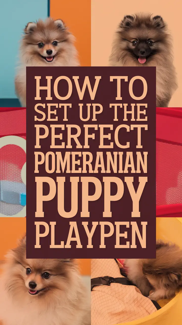 Big text overlay saying "How to Set Up the Perfect Pomeranian Puppy Playpen" in bold white letters on a dark colored box, surrounded by a vibrant collage of realistic Pomeranian puppy playpen scenes.