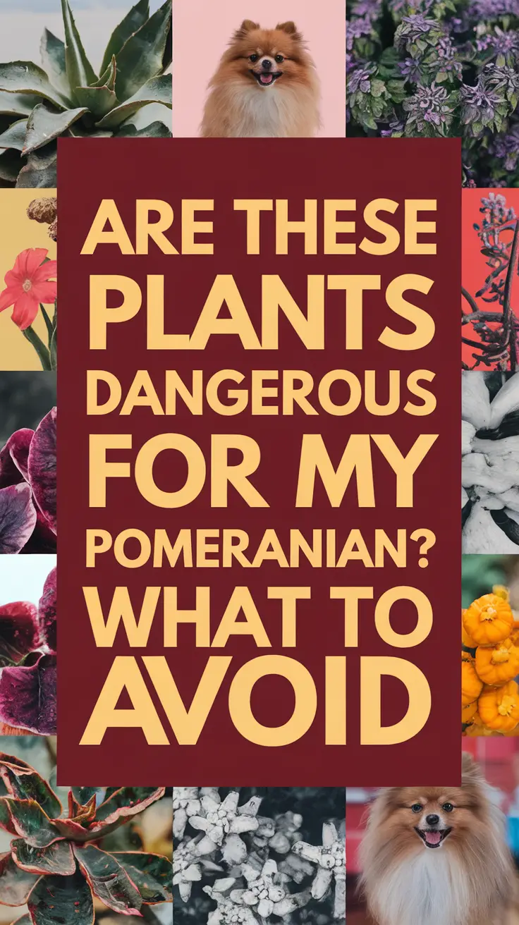 Are These Plants Dangerous for My Pomeranian? What to Avoid — bold white text in thick, attention-grabbing lettering over a dark box, surrounded by a vibrant photo collage featuring houseplants in a realistic style.