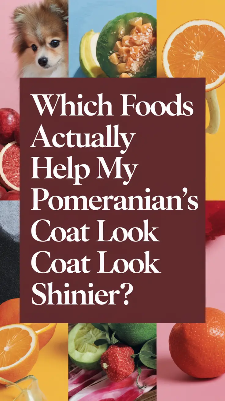 Which Foods Actually Help My Pomeranian’s Coat Look Shinier? — bold white text prominently displayed on a dark colored box with a collage of vibrant images surrounding it, designed to immediately grab attention with thick, distinctive lettering in a realistic style.