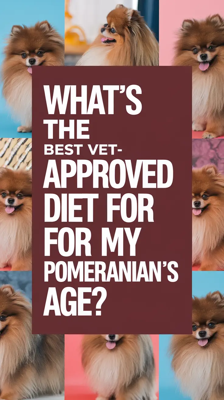 Big text overlay saying: What’s the Best Vet-Approved Diet for My Pomeranian’s Age?. It's designed to immediately grab attention with its thick, distinctive lettering set prominently in a big dark colored box, utilizing a simple yet striking bold white color for the text. Surrounding this eye-catching typography, a collage of vibrant images.