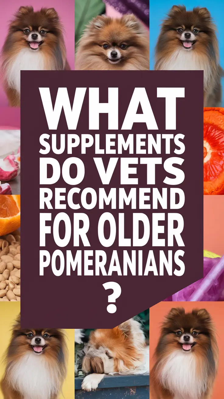 Big text overlay saying: What Supplements Do Vets Recommend for Older Pomeranians? It's designed to immediately grab attention with its thick, distinctive lettering set prominently in a big dark colored box, utilizing a simple yet striking bold white color for the text. Surrounding this eye-catching typography, a collage of vibrant images.