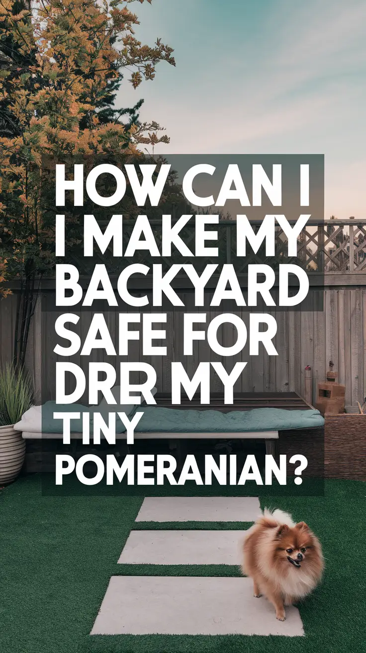 Big text overlay saying: How Can I Make My Backyard Safe for My Tiny Pomeranian? It's designed to immediately grab attention with its thick, distinctive lettering set prominently in a big dark colored box, utilizing a simple yet striking bold white color for the text.