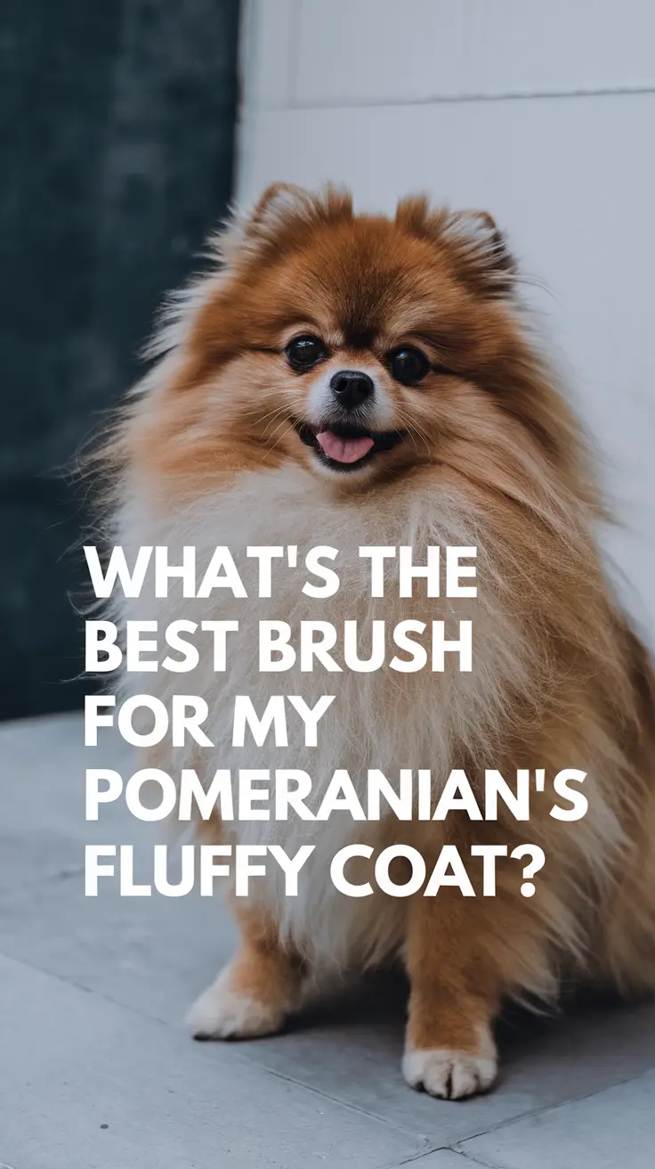 Big text overlay saying: What’s the Best Brush for My Pomeranian’s Fluffy Coat? It's designed to immediately grab attention with its thick, distinctive lettering set prominently in a big dark colored box, utilizing a simple yet striking bold white color for the text.