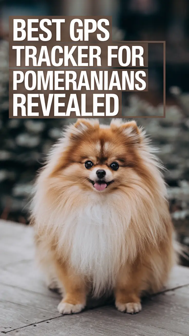 Big text overlay saying: Best GPS Tracker for Pomeranians Revealed. It's designed to immediately grab attention with its thick, distinctive lettering set prominently in a big dark colored box, utilizing a simple yet striking bold white color for the text.