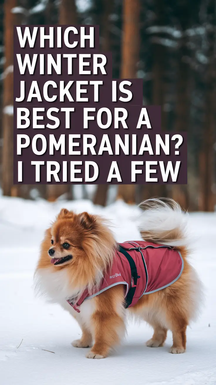 Big text overlay saying: Which Winter Jacket Is Best for a Pomeranian? I Tried a Few. It's designed to immediately grab attention with its thick, distinctive lettering set prominently in a big dark colored box, utilizing a simple yet striking bold white color for the text.