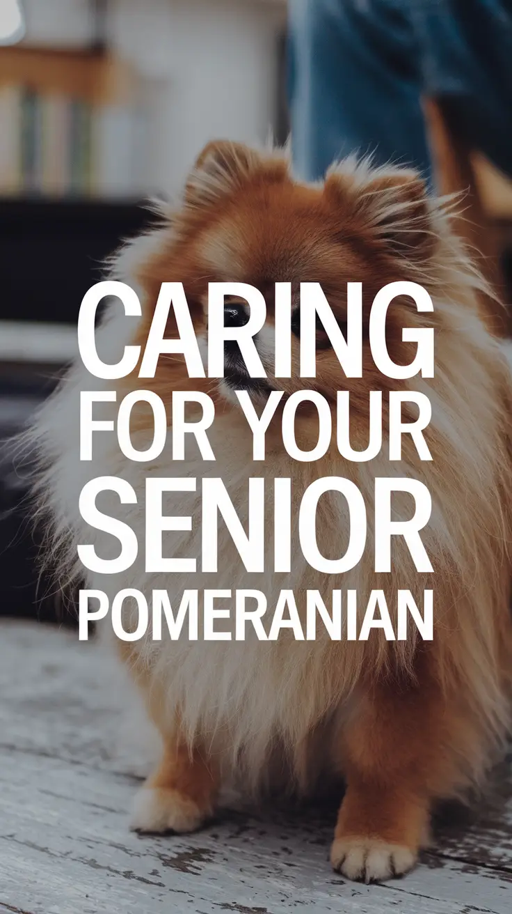 Big text overlay saying: Caring for Your Senior Pomeranian. It's designed to immediately grab attention with its thick, distinctive lettering set prominently in a big dark colored box, utilizing a simple yet striking bold white color for the text.