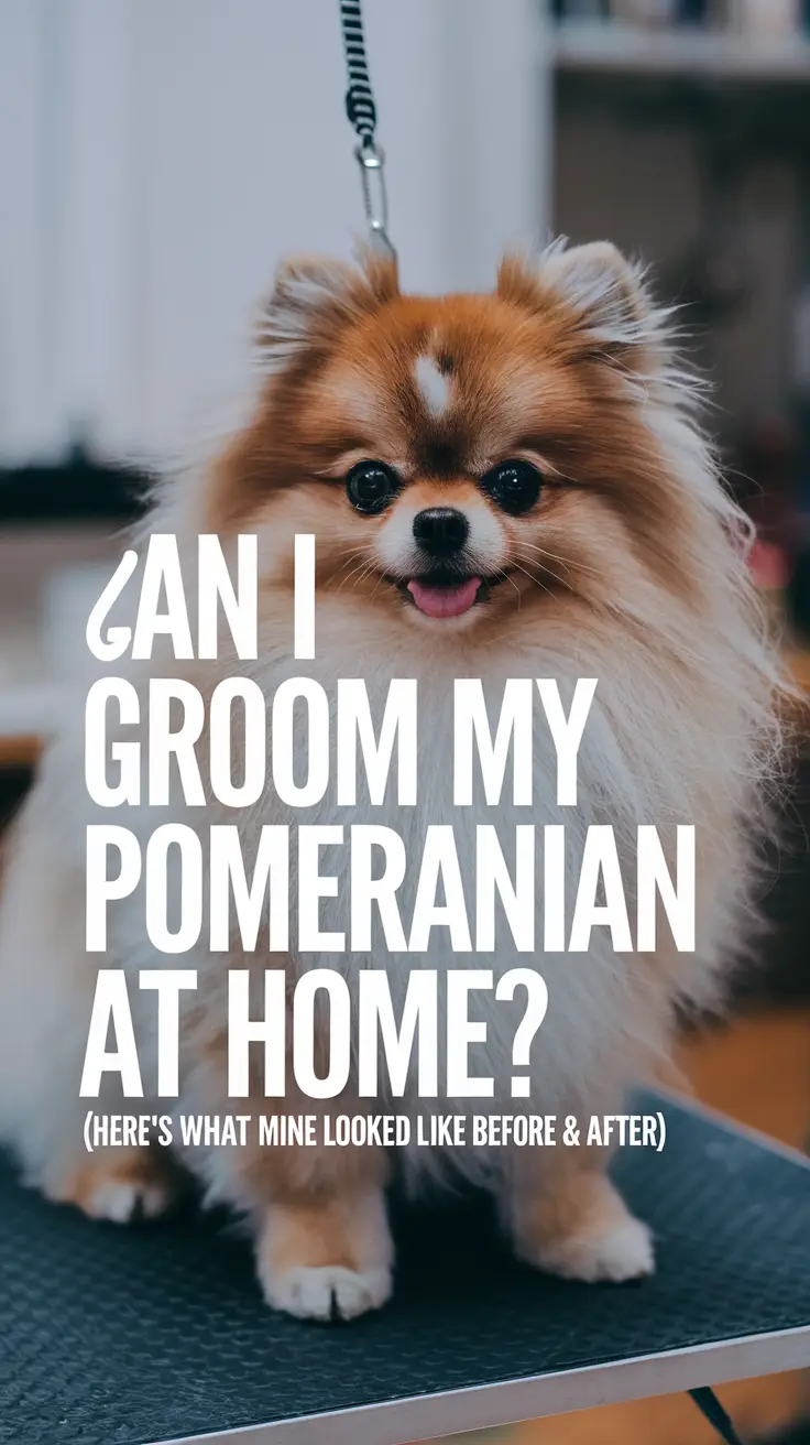 Big text overlay saying: Can I Groom My Pomeranian at Home? (Here’s What Mine Looked Like Before & After). It's designed to immediately grab attention with its thick, distinctive lettering set prominently in a big dark colored box, utilizing a simple yet striking bold white color for the text.