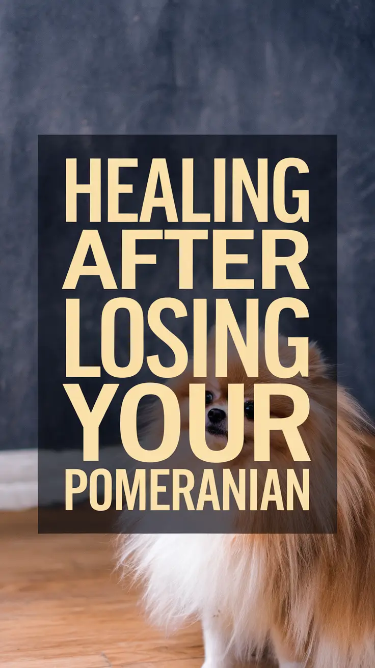 Big text overlay saying: Healing After Losing Your Pomeranian. It's designed to immediately grab attention with its thick, distinctive lettering set prominently in a big dark colored box, utilizing a simple yet striking bold white color for the text.