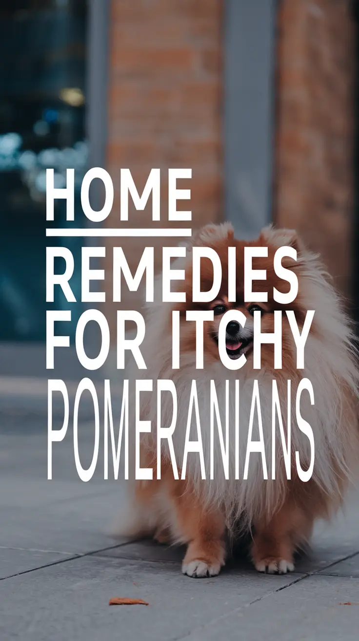Big text overlay saying: Home Remedies for Itchy Pomeranians. It's designed to immediately grab attention with its thick, distinctive lettering set prominently in a big dark colored box, utilizing a simple yet striking bold white color for the text.