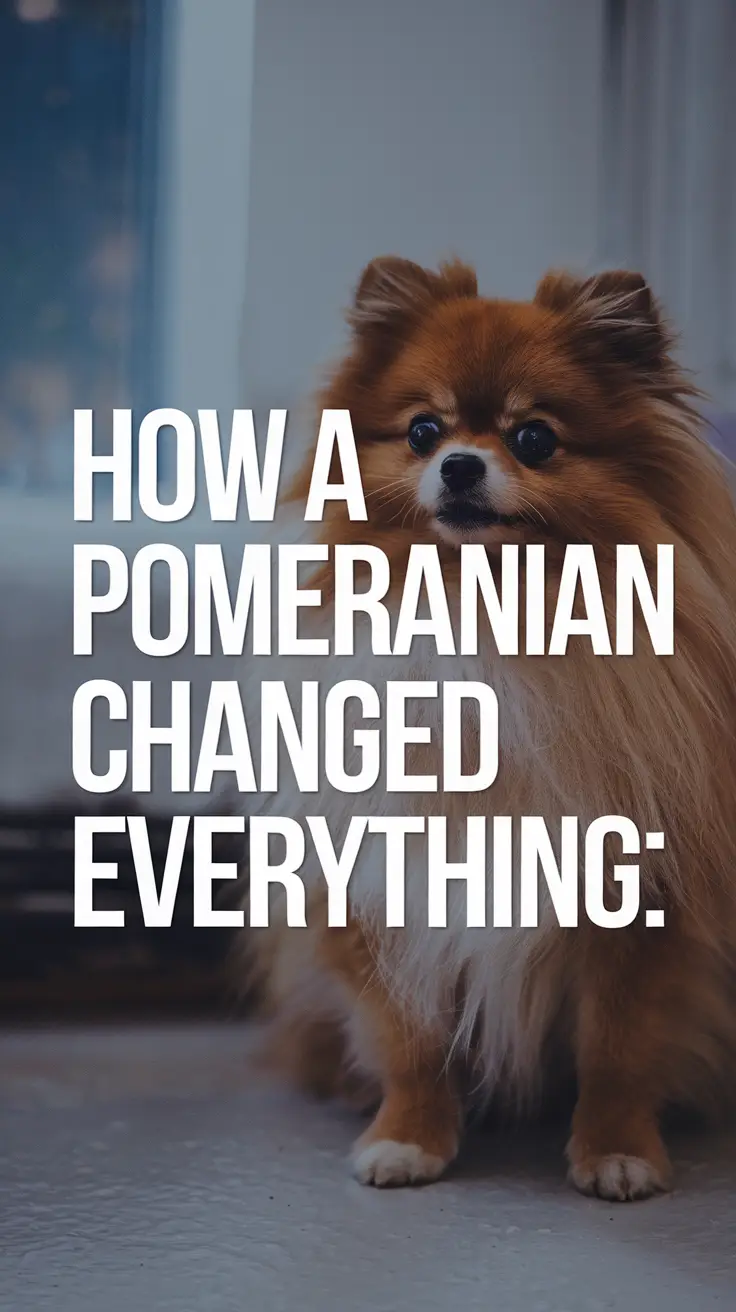 Big text overlay saying: How a Pomeranian Changed Everything. It's designed to immediately grab attention with its thick, distinctive lettering set prominently in a big dark colored box, utilizing a simple yet striking bold white color for the text.