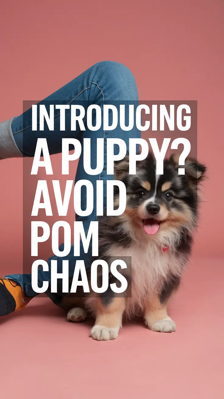 Big text overlay saying: Introducing a Puppy? Avoid Pom Chaos. It's designed to immediately grab attention with its thick, distinctive lettering set prominently in a big dark colored box, utilizing a simple yet striking bold white color for the text.